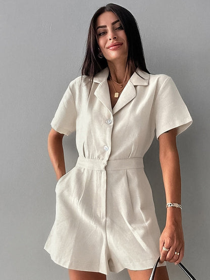 Jumpsuit Casual in Cotone e Lino con Collo a Giacca e Vita Alta