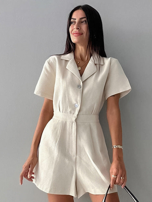 Jumpsuit Casual in Cotone e Lino con Collo a Giacca e Vita Alta