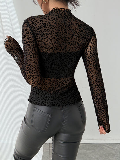 Top in Mesh Trasparente a Collo Alto con Dettagli Button-Down