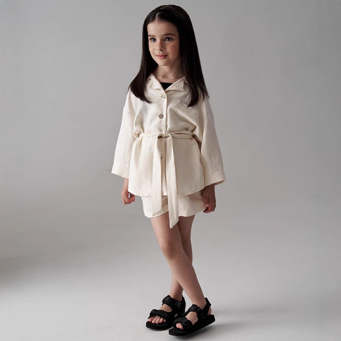 Completo Due Pezzi in Misto Lino con Giacca a Bottone Singolo e Shorts