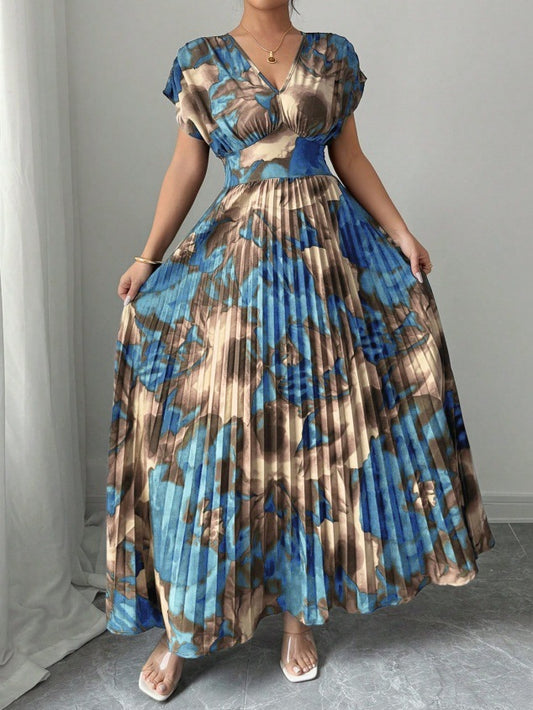 Abito Lungo Plissé con Stampa Floreale "Painted" e Silhouette a Vita Alta