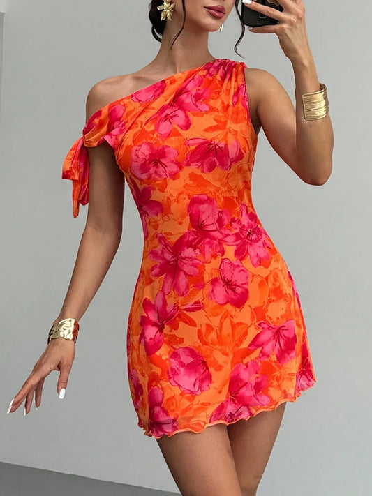 Abito Mini A-Line in Milk Silk con Scollo Asimmetrico e Stampa Botanica