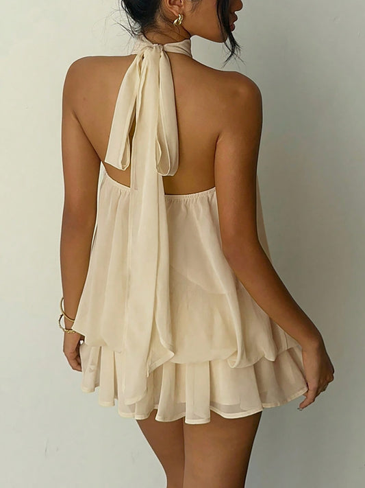 Mini Abito in Chiffon con Scollo Mock Neck e Silhouette A-Line