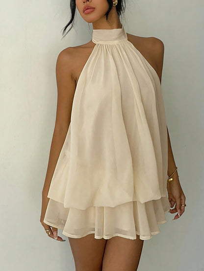 Mini Abito in Chiffon con Scollo Mock Neck e Silhouette A-Line