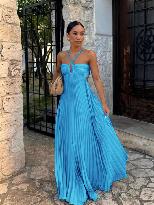 Abito Midi in Raso Drapery con Scollo a Fiocco e Gonna Plissettata