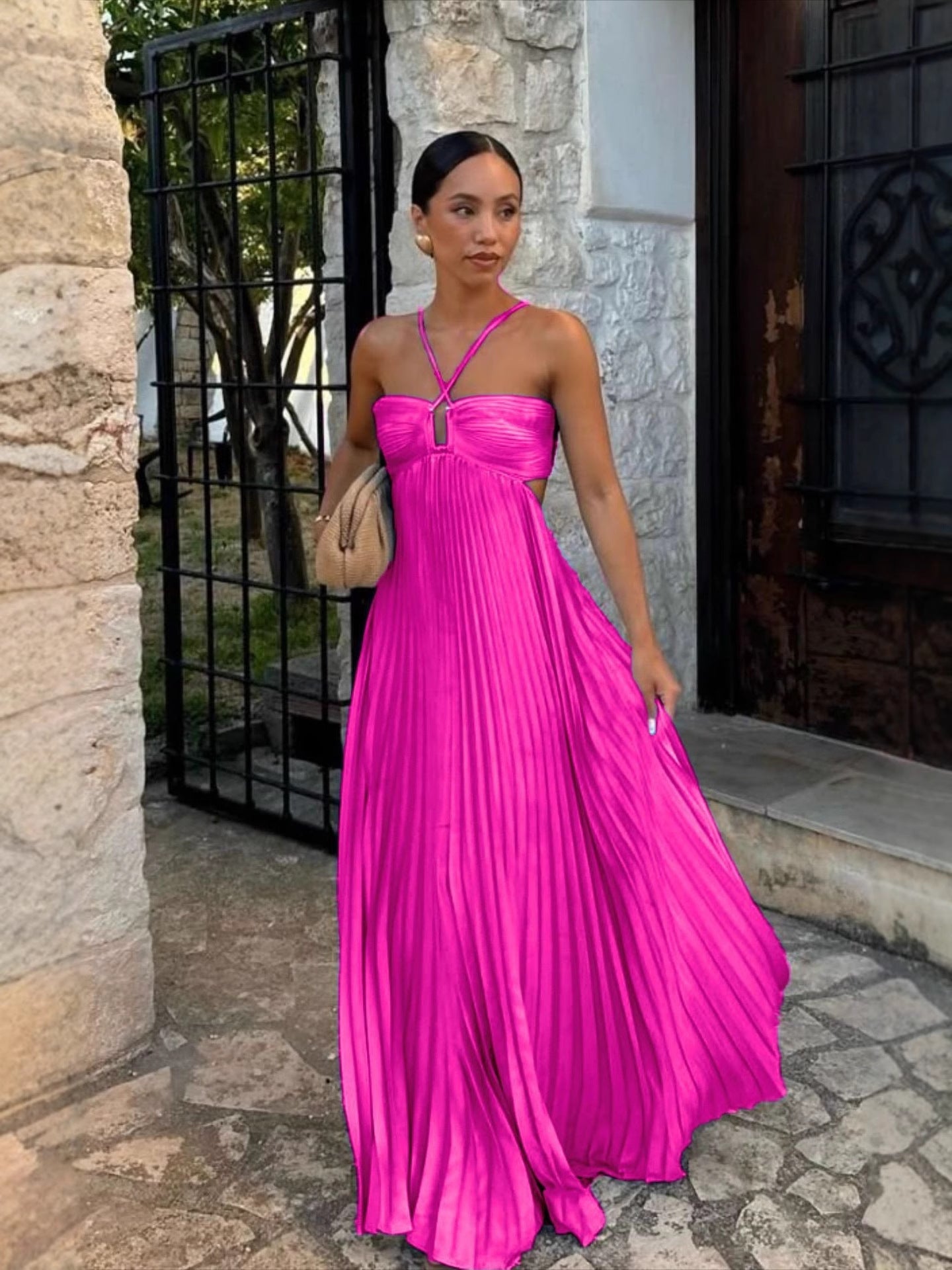 Abito Midi in Raso Drapery con Scollo a Fiocco e Gonna Plissettata