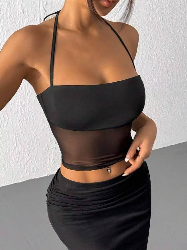 Top in Mesh Trasparente con Allacciatura Halter e Silhouette Tight-Fitting