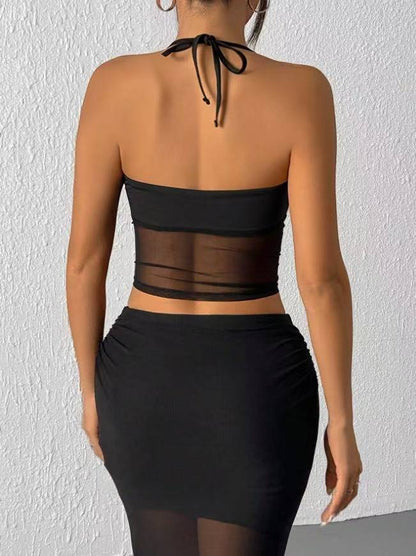 Top in Mesh Trasparente con Allacciatura Halter e Silhouette Tight-Fitting