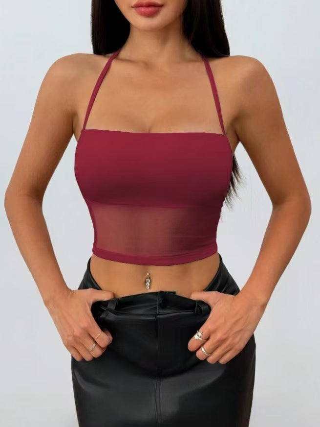 Top in Mesh Trasparente con Allacciatura Halter e Silhouette Tight-Fitting