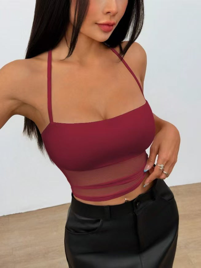 Top in Mesh Trasparente con Allacciatura Halter e Silhouette Tight-Fitting
