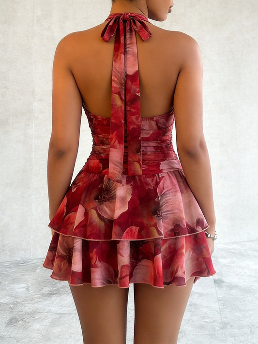 Abito Mini a Ruota in Milk Silk ad Alta Densità con Scollo a V e Stampa Botanica