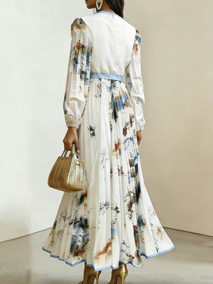 Abito Midi Plissettato con Scollo a V e Maniche a Lanterna in Texture Draped