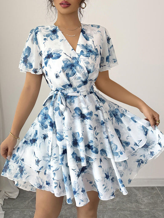 Abito Mini in Chiffon con Scollo a V, Maniche a Campana e Silhouette Umbrella