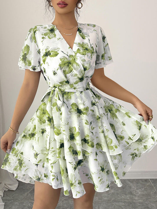 Abito Mini in Chiffon con Scollo a V, Maniche a Campana e Silhouette Umbrella