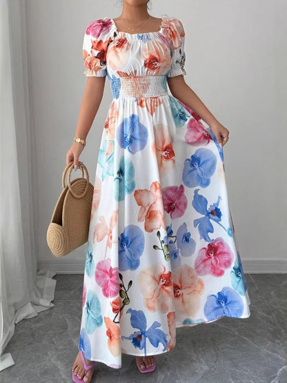 Abito Lungo A-Line con Scollo Squadrato, Maniche a Sbuffo e Stampa Phalaenopsis