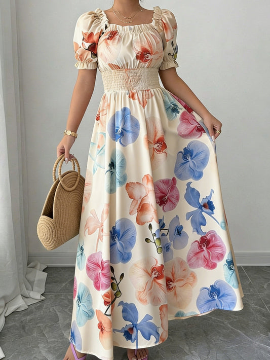 Abito Lungo A-Line con Scollo Squadrato, Maniche a Sbuffo e Stampa Phalaenopsis