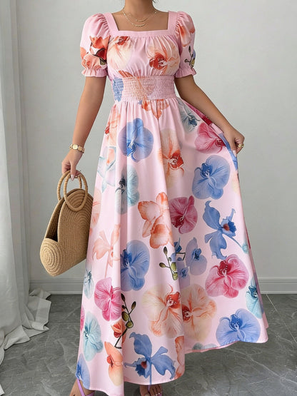 Abito Lungo A-Line con Scollo Squadrato, Maniche a Sbuffo e Stampa Phalaenopsis