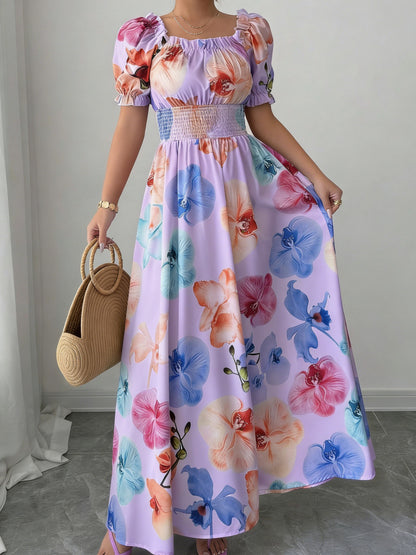 Abito Lungo A-Line con Scollo Squadrato, Maniche a Sbuffo e Stampa Phalaenopsis