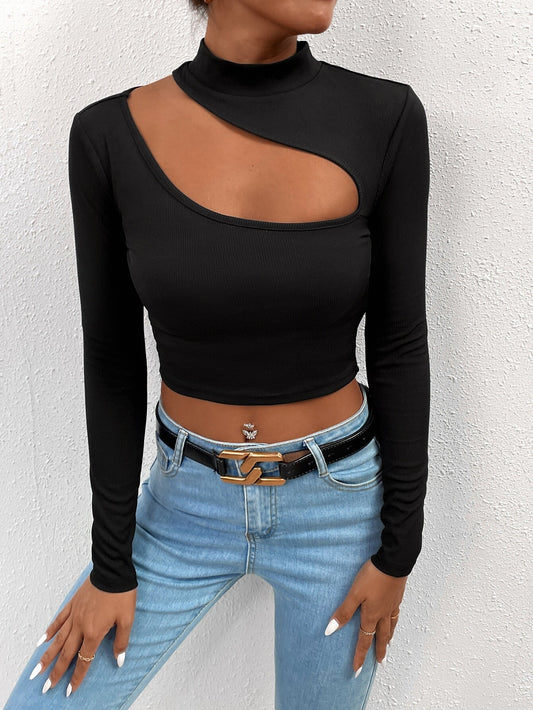 Top Crop a Maniche Lunghe con Semi-Collo Alto e Taglio "Navel Exposed"