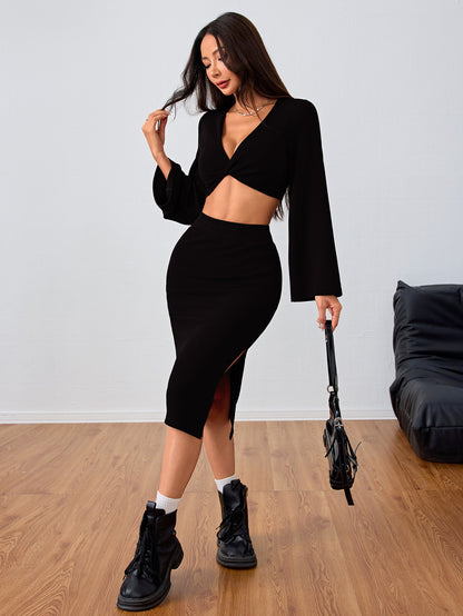 Coordinato Crop Top a Maniche Lunghe e Gonna Midi con Design "Collage/Splicing"