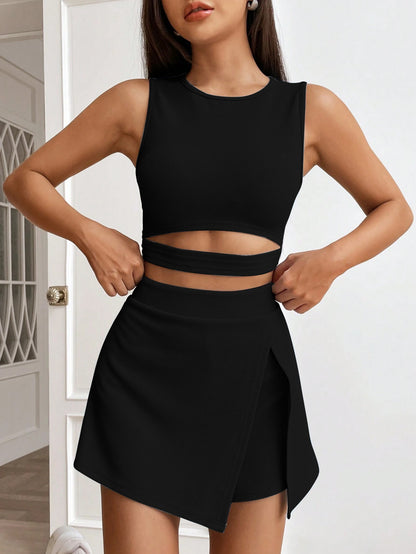 Coordinato Active in Tessuto Waffle con Top Crop "Hollow Out" e Design Smanicato