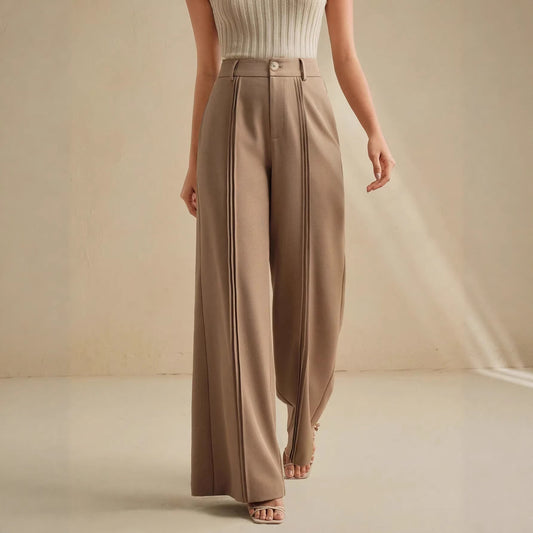 Pantaloni Suit a Gamba Dritta in Khaki con Taglio High-Waisted e Finitura Termofissata