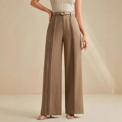 Pantaloni Suit a Gamba Dritta in Khaki con Taglio High-Waisted e Finitura Termofissata