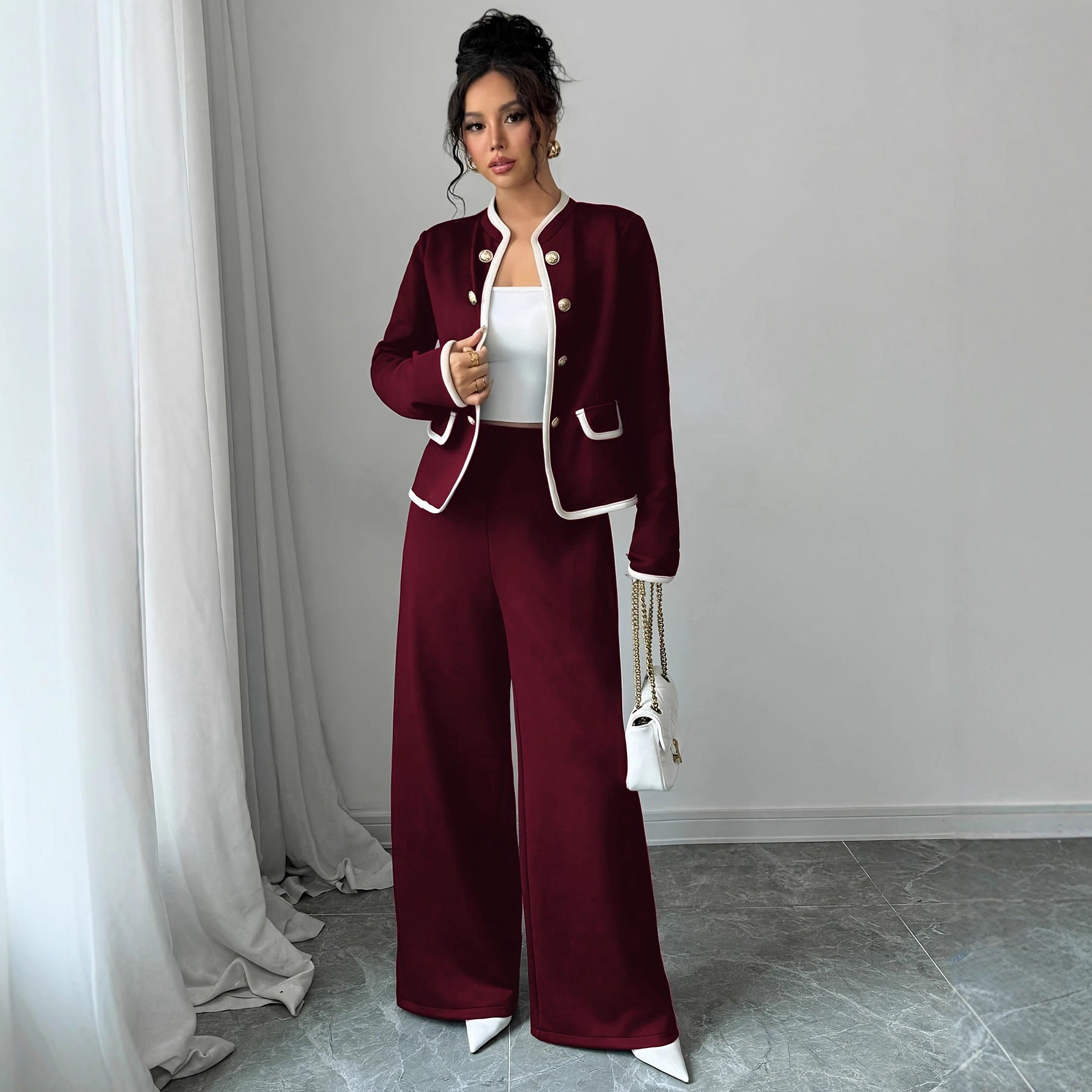 Completo Cardigan e Gonna "Xiaoxiangfeng" con Bottoni Metallici e Design Color Contrast