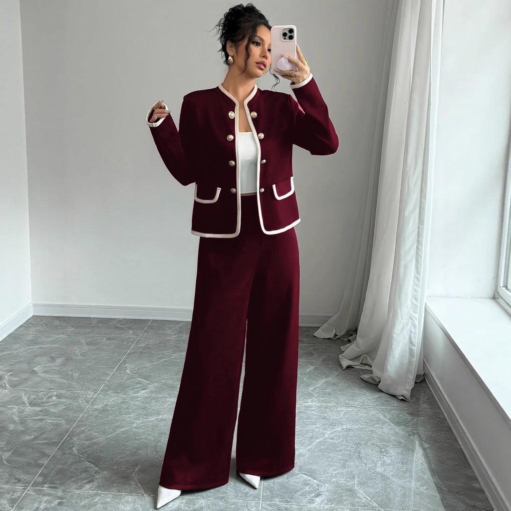 Completo Cardigan e Gonna "Xiaoxiangfeng" con Bottoni Metallici e Design Color Contrast