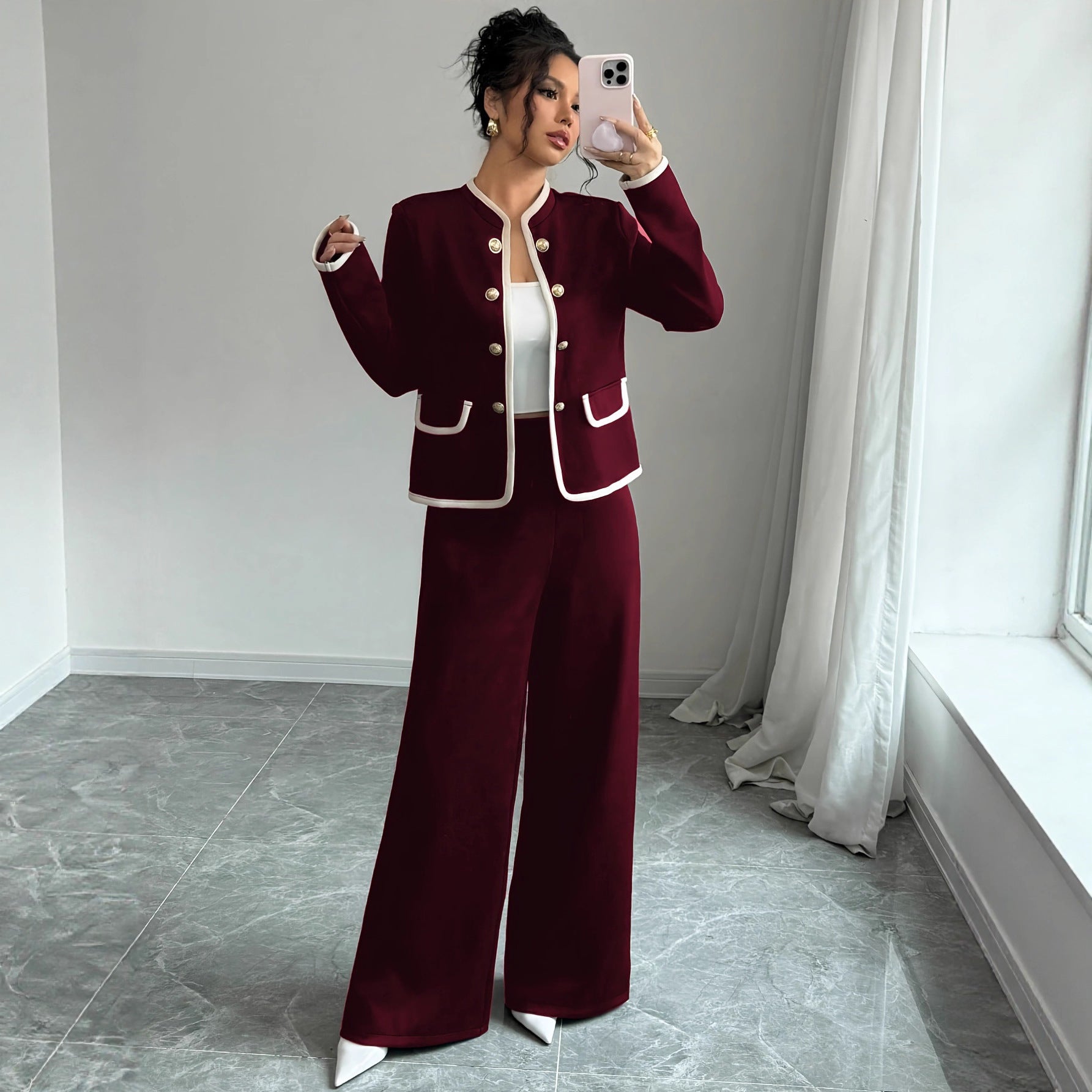 Completo Cardigan e Gonna "Xiaoxiangfeng" con Bottoni Metallici e Design Color Contrast