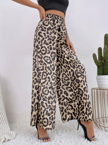 Pantaloni Wide-Leg Leopard Print con Vita Elastica e Taglio "Leisure Wind"