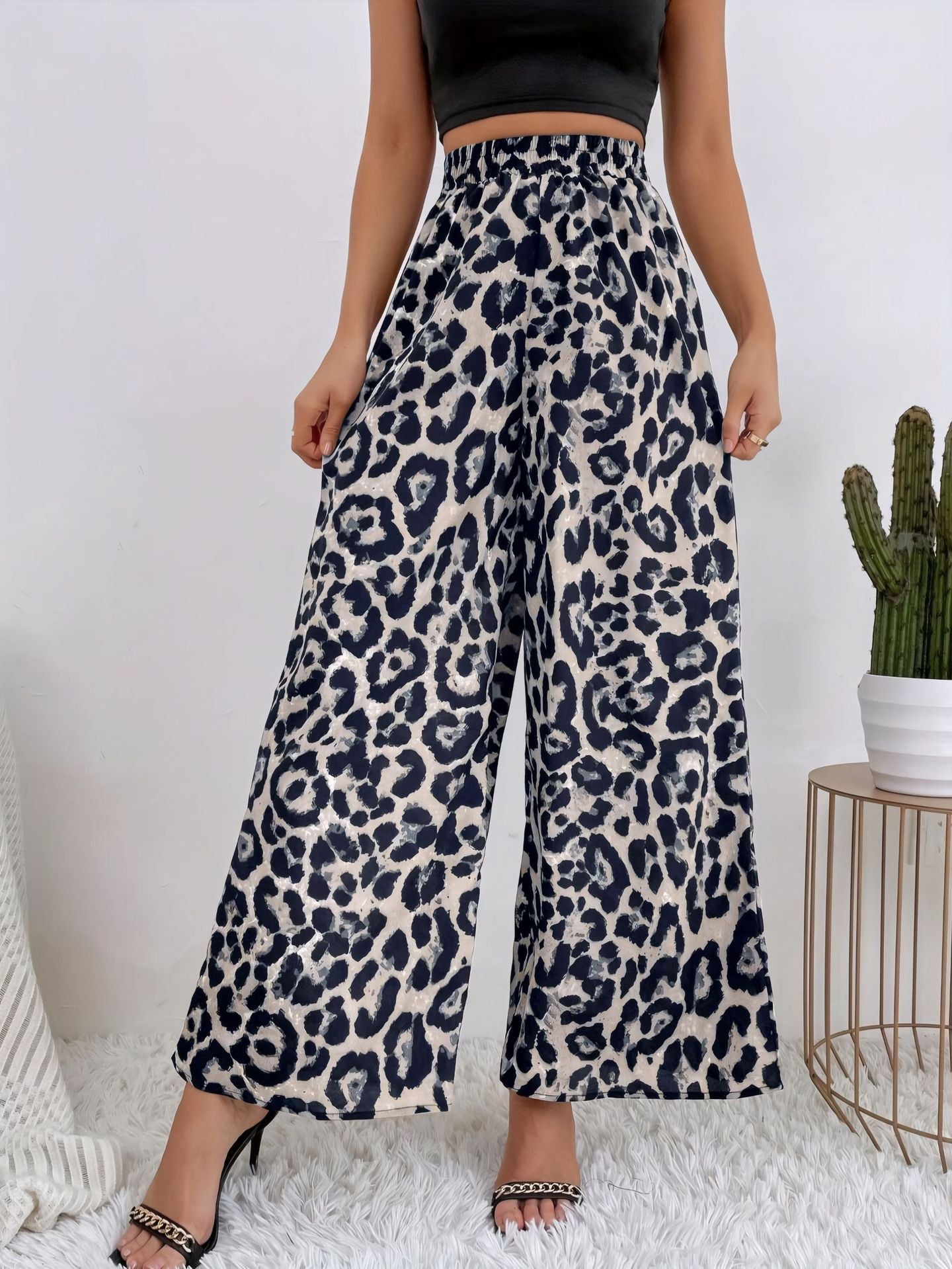 Pantaloni Wide-Leg Leopard Print con Vita Elastica e Taglio "Leisure Wind"