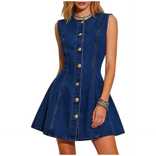 Abito Denim Mid-Length con Taglio Patchwork e Chiusura Single-Breasted