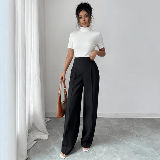 Pantaloni Wide-Leg Suit a Vita Alta con Taglio "Elegant Commute" e Finitura High-Tech