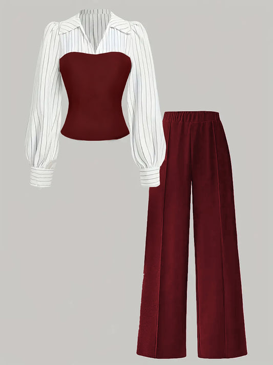 Completo Two-Piece "Lazy Style" con Camicia a Maniche Lunghe e Design Contrast Splicing