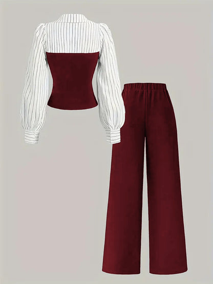 Completo Two-Piece "Lazy Style" con Camicia a Maniche Lunghe e Design Contrast Splicing