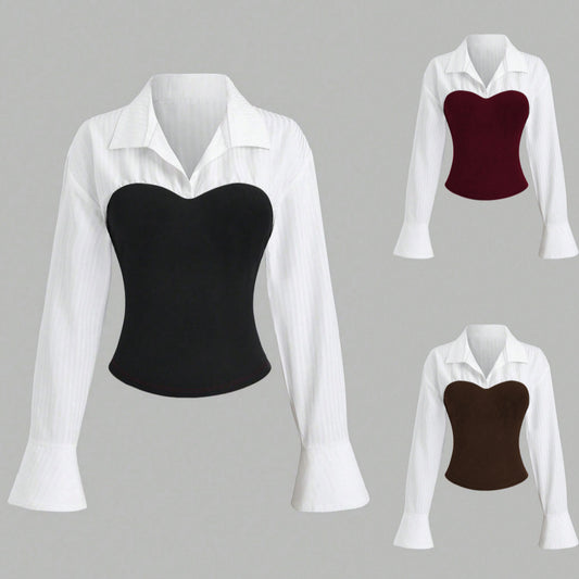 Camicia Basic a Maniche Lunghe con Colletto a Revers e Dettaglio Splicing