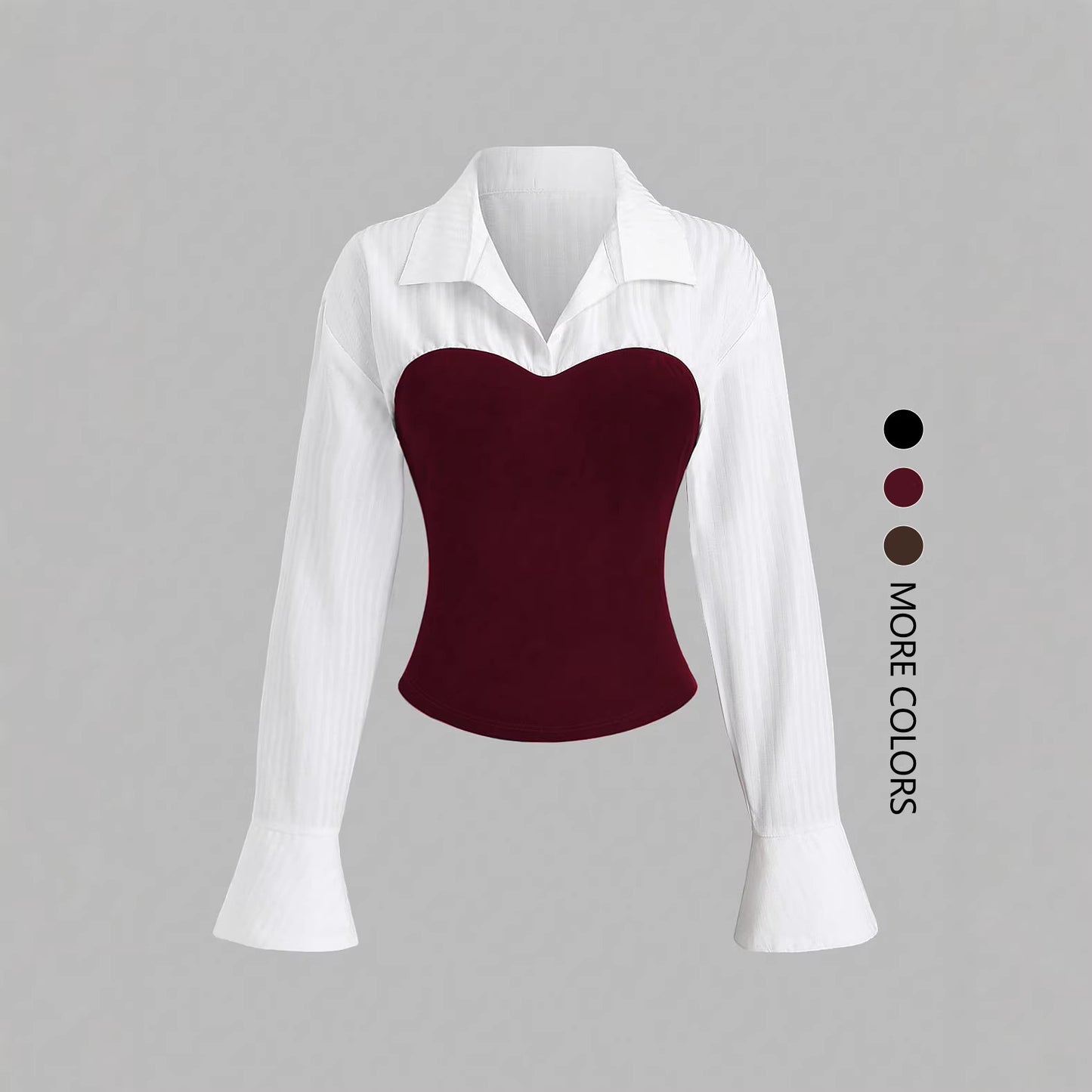 Camicia Basic a Maniche Lunghe con Colletto a Revers e Dettaglio Splicing