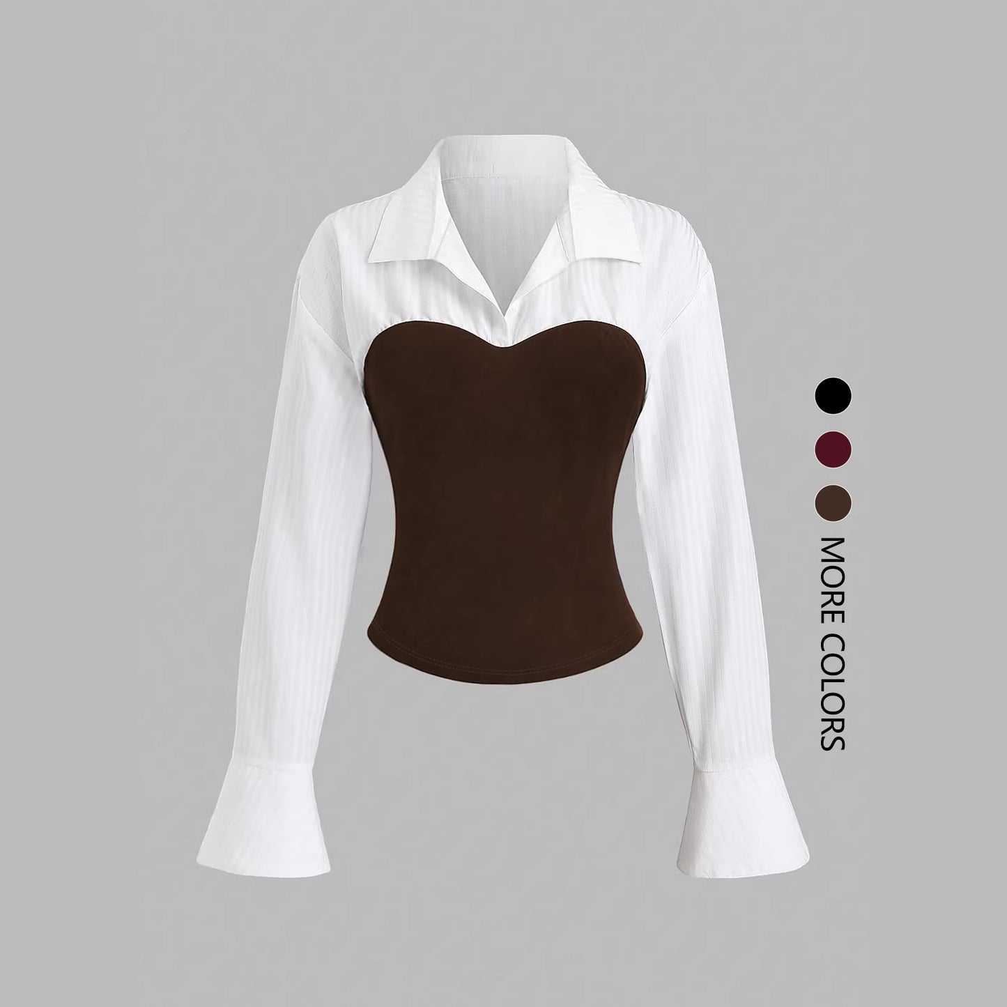 Camicia Basic a Maniche Lunghe con Colletto a Revers e Dettaglio Splicing