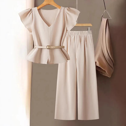 Completo Top Set "Slimming" con Dettaglio Belt e Texture Woven