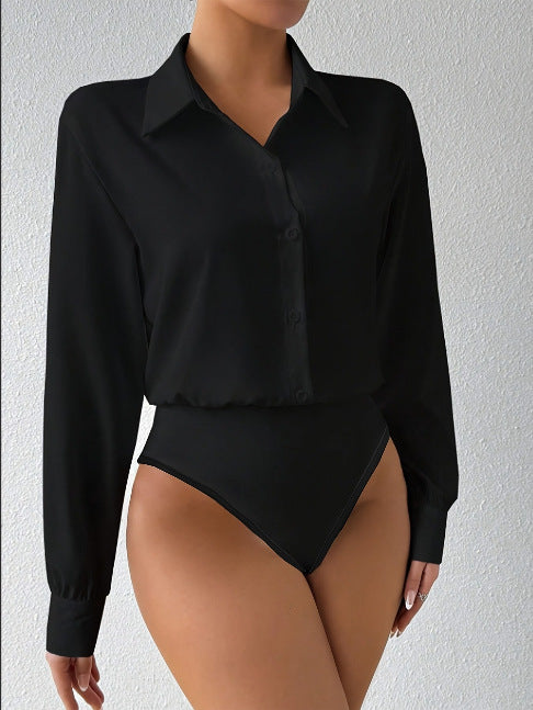 Bodysuit "Shirt-Effect" a Maniche Lunghe con Colletto e Dettaglio a Bottoni