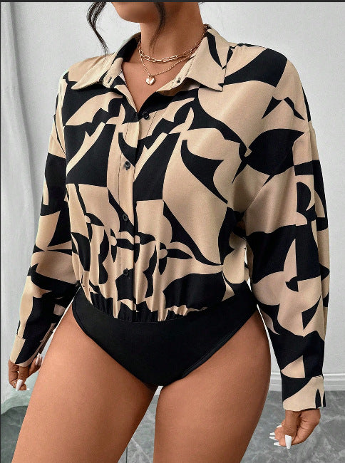 Bodysuit "Shirt-Effect" a Maniche Lunghe con Colletto e Dettaglio a Bottoni