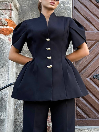 Camicia Cardigan Slim Fit a Maniche Corte con Scollo a V e Chiusura Single-Breasted