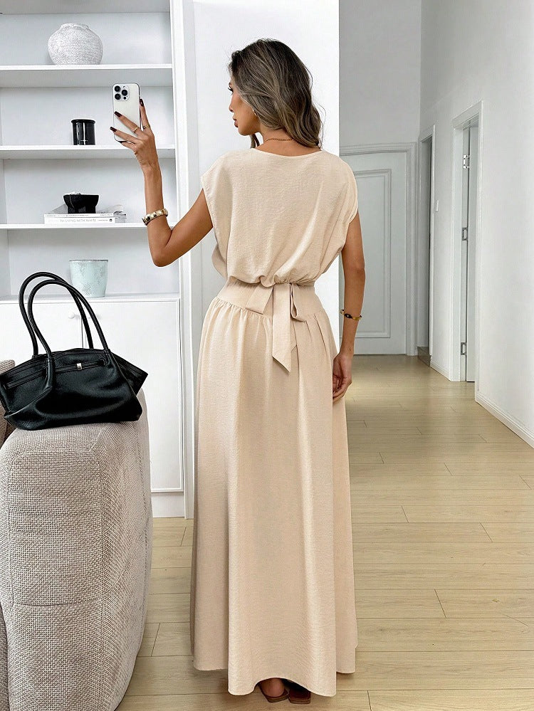 Completo Top Set "Elegant Woven" con Maniche a Tre Quarti e Finitura Apricot