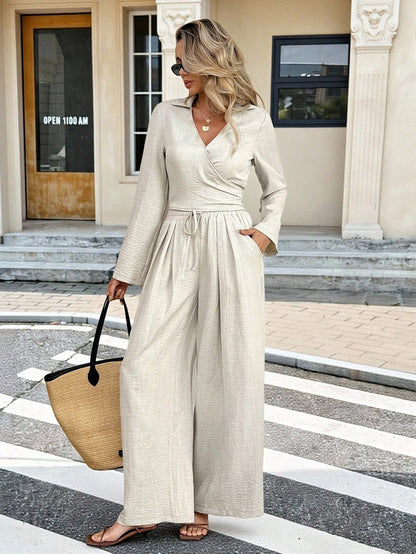 Completo Top Set "OL Commuter" a Maniche Lunghe in Tessuto Woven Color Apricot