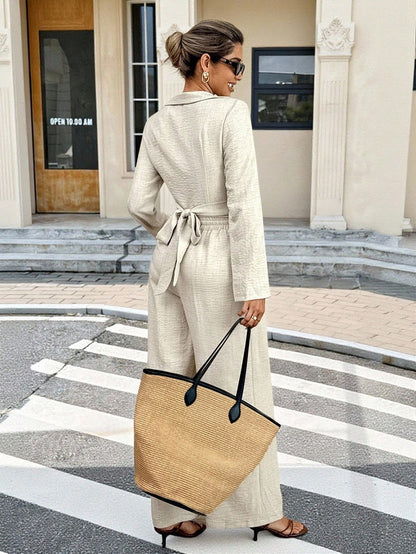 Completo Top Set "OL Commuter" a Maniche Lunghe in Tessuto Woven Color Apricot