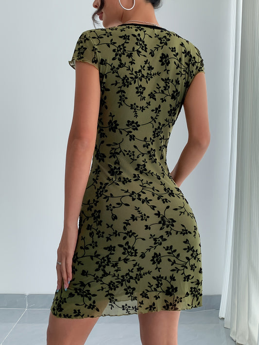 Abito Slim Fit "A-Line" con Scollo a V e Stampa "Plants & Flowers" Contrast Color