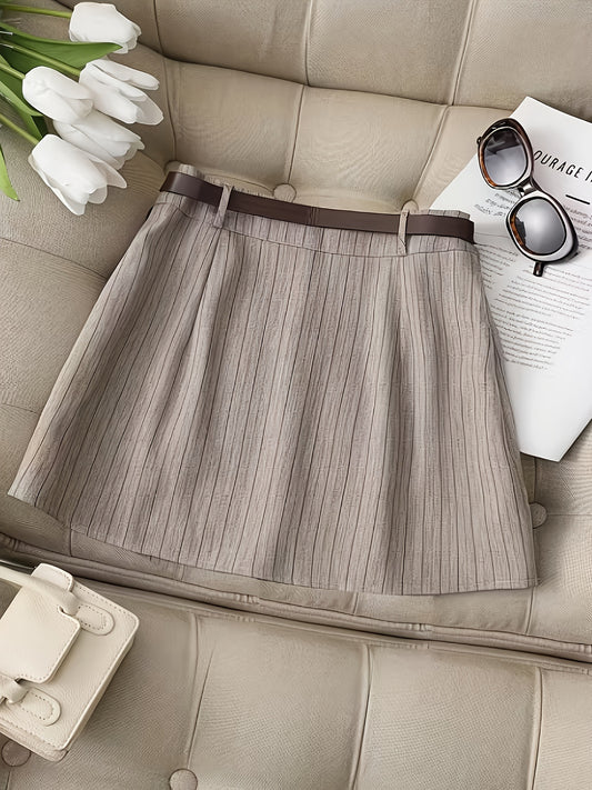 Gonna a Trapezio "Striped A-Line" con Chiusura a Zip e Trama Woven Khaki