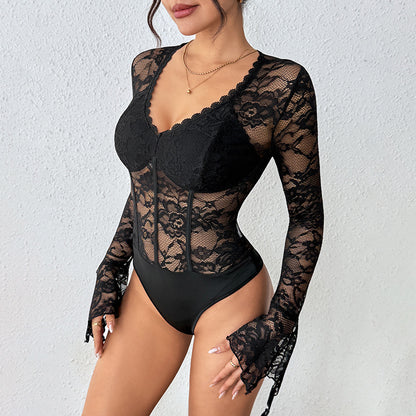 Jumpsuit "Lace Socialite" con Maniche Lunghe e Taglio Three-Quarter in Total Black