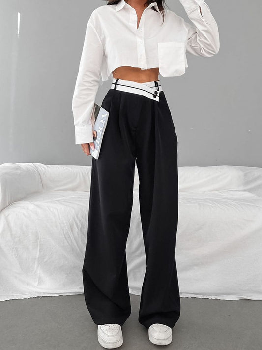 Wide Leg Pants "Temperament Commuting" con Dettagli Pleats e Vita Alta